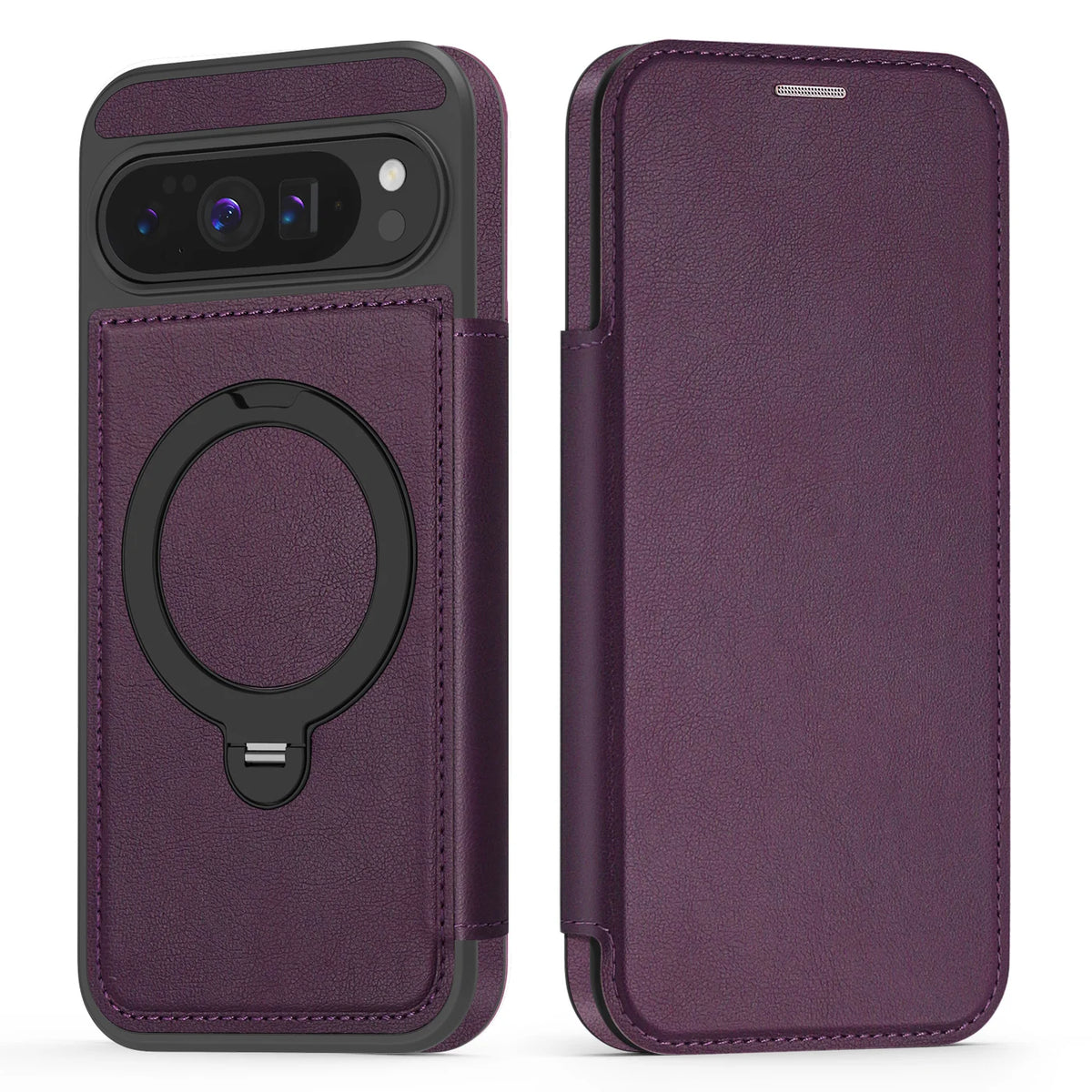 Google Pixel 10 Series Magnetic Leather Flip Case With Card Slot and Ring Holder