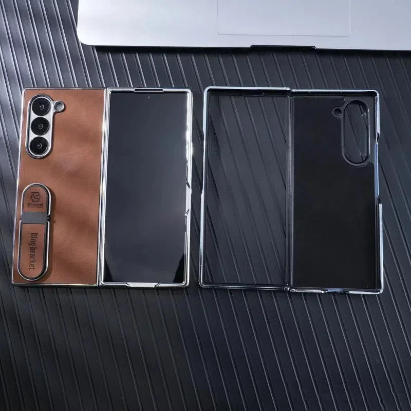 PC Shell Leather Textured Plating Case with Fingertip Holder for Samsung Galaxy Z Fold 6