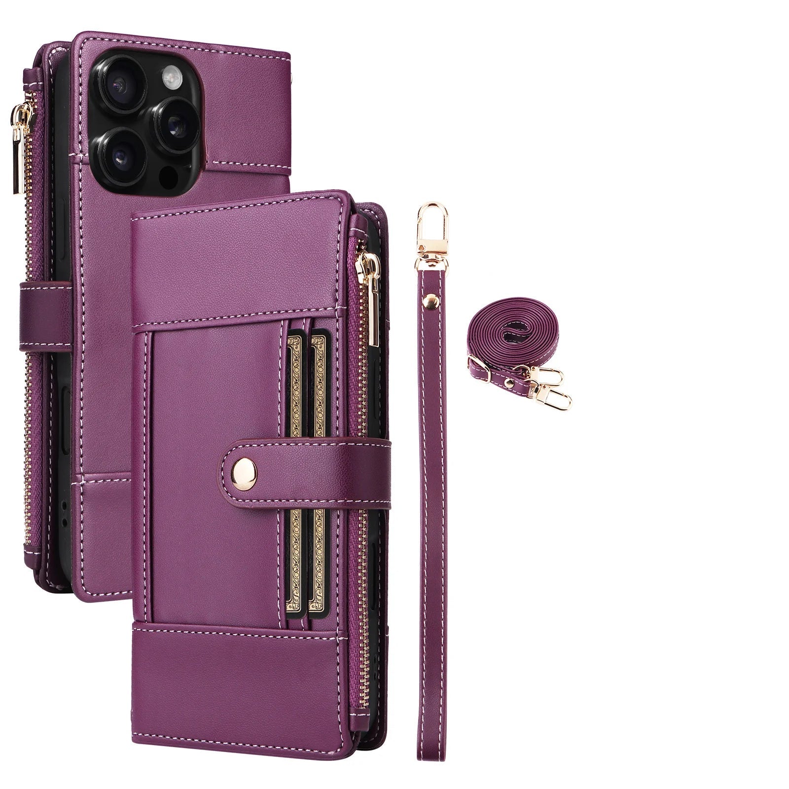Crossbody Lanyard Wallet Case with Zipper & Card Holder for iPhone 16 Series