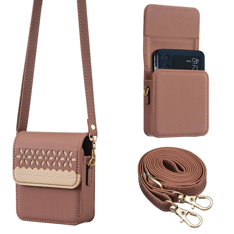Luxury Embossed Small Flower Leather Bag Case with Long Lanyard for Samsung Galaxy Z Flip 7