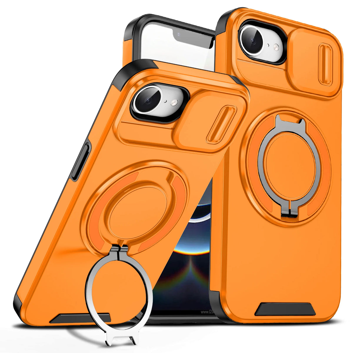 Sliding Lens Cover Shockproof Case with 360° Rotating Ring Stand for iPhone 16e