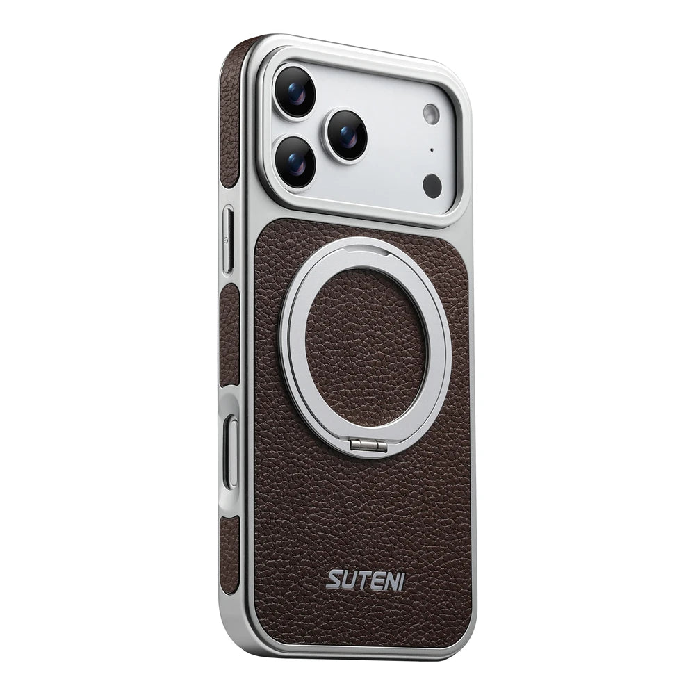 Litchi Texture MagSafe Case with Built-in Ring Stand for iPhone 17 Series