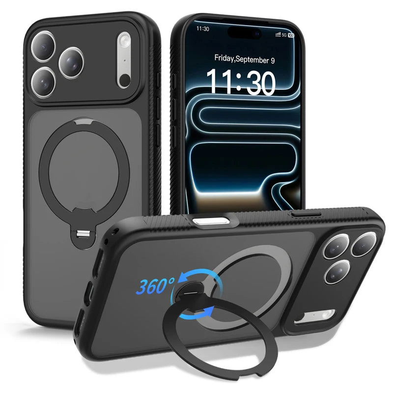 MagSafe Compatible Frosted Case with Rotatable Metal Ring Stand for iPhone 17 Series