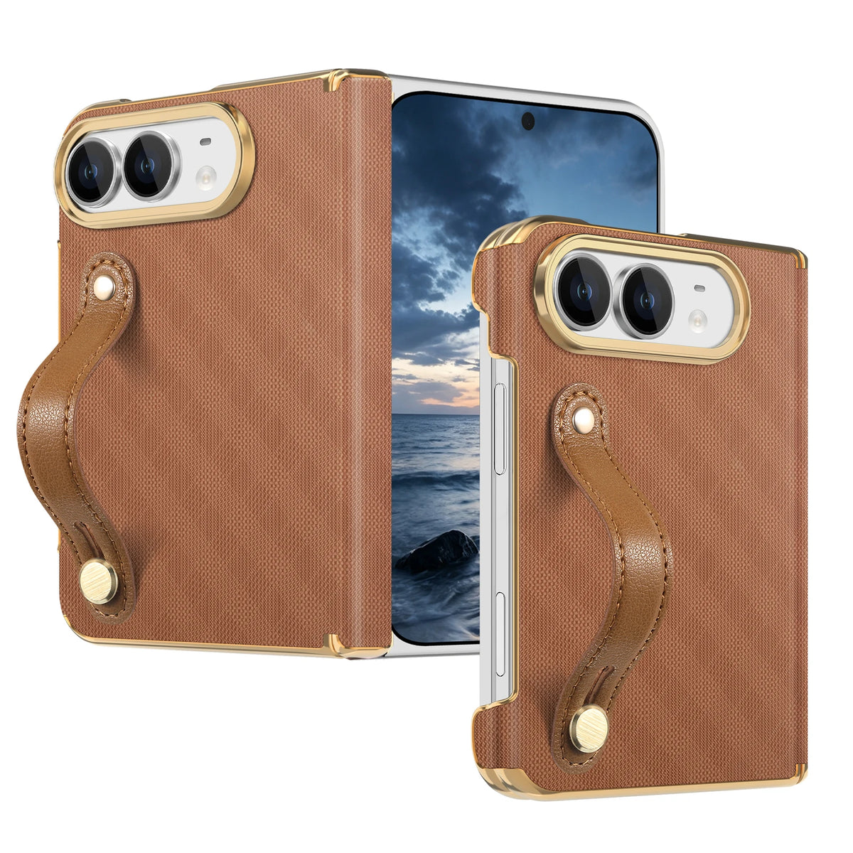 Textured Leather Case with Wrist Strap and Hinge Protection for iPhone Duo