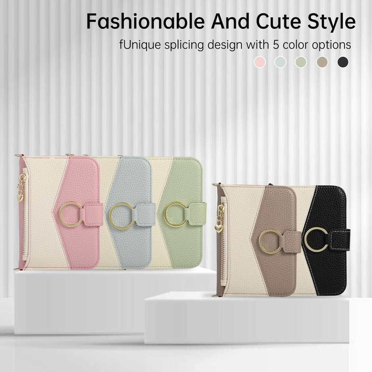 Quilted Leather Crossbody Wallet Case with Detachable Long Strap for iPhone Duo