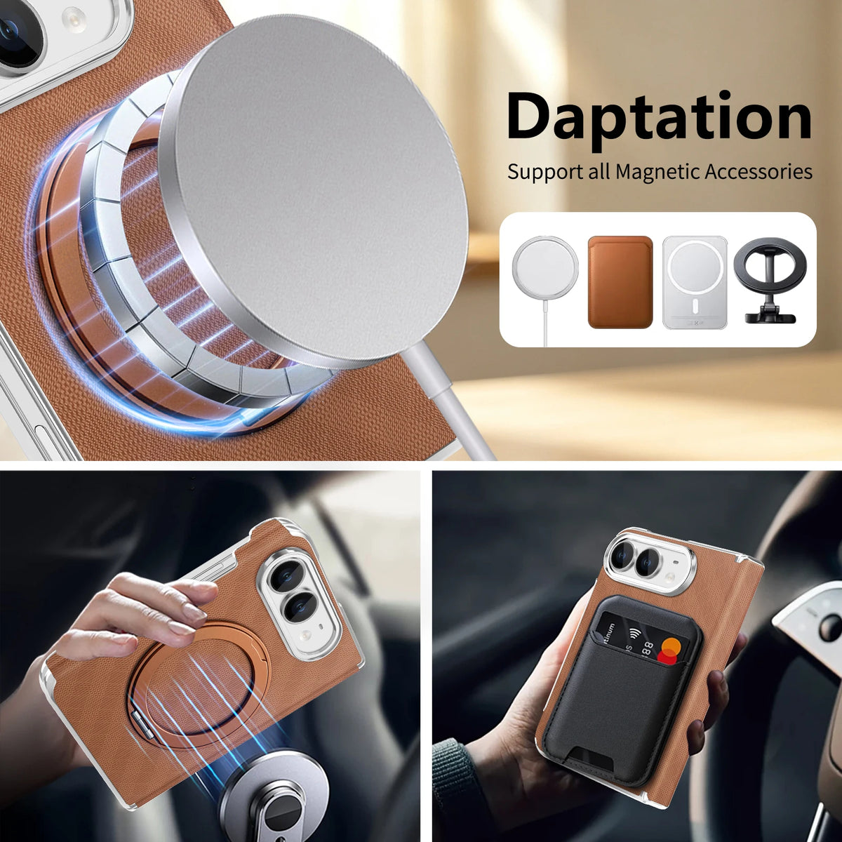 Textured Leather MagSafe Case with 360° Rotating Ring Stand for iPhone Duo