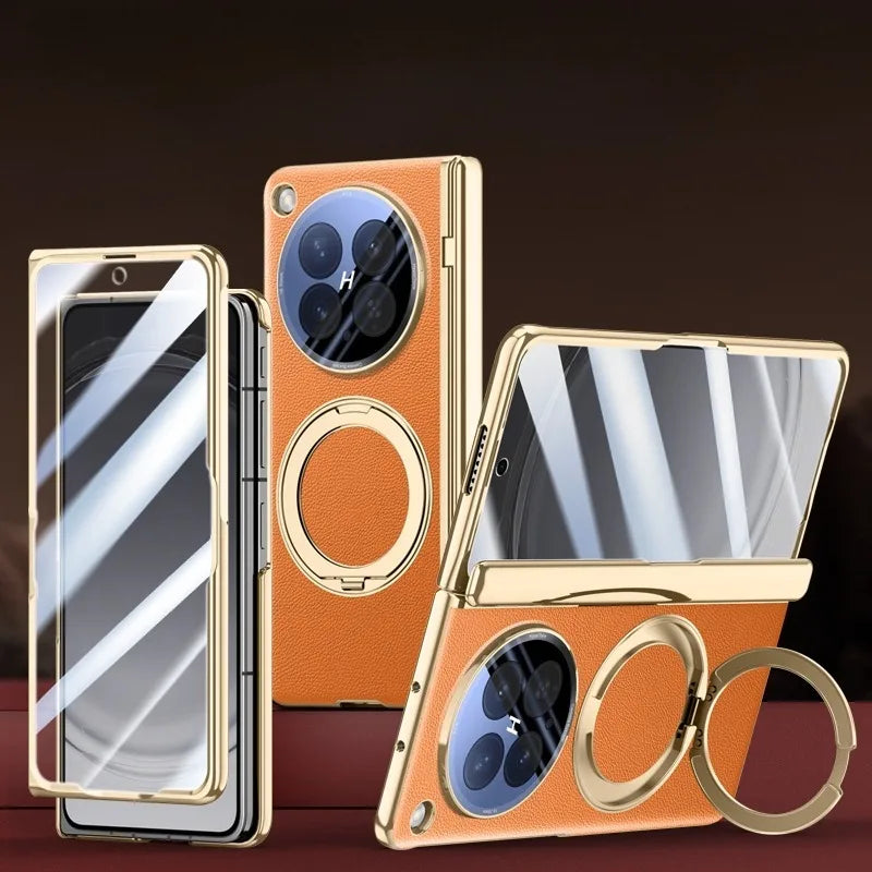 OPPO Find N6 Premium Leather PC Case with Rotating Ring Holder Stand and Privacy Glass