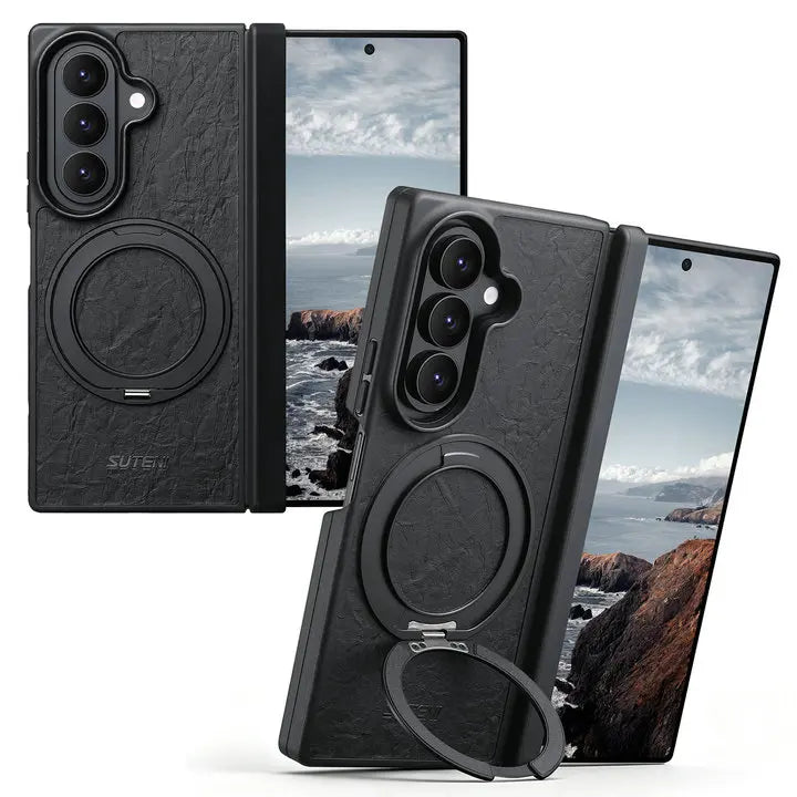 Textured Leather Magnetic Case with 360° Rotating Ring Stand for Samsung Galaxy Z Fold 7