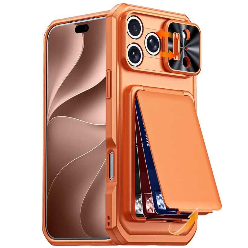 Shockproof PC+TPU Slide Camera Lens Protection Case with 3-Card Wallet for iPhone 18 Series