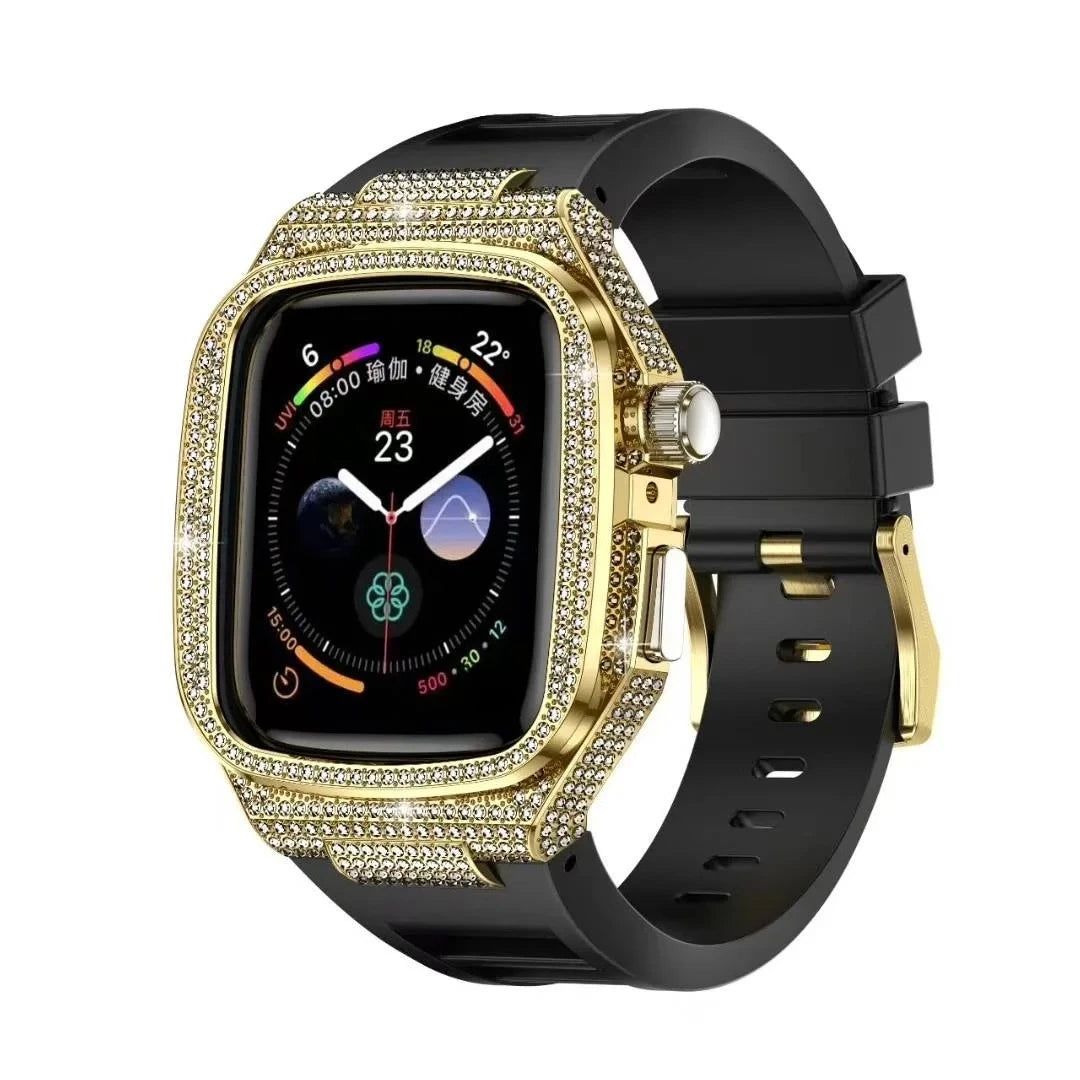 Diamond-Encrusted Stainless Steel Case with Rubber Strap for Apple Watch