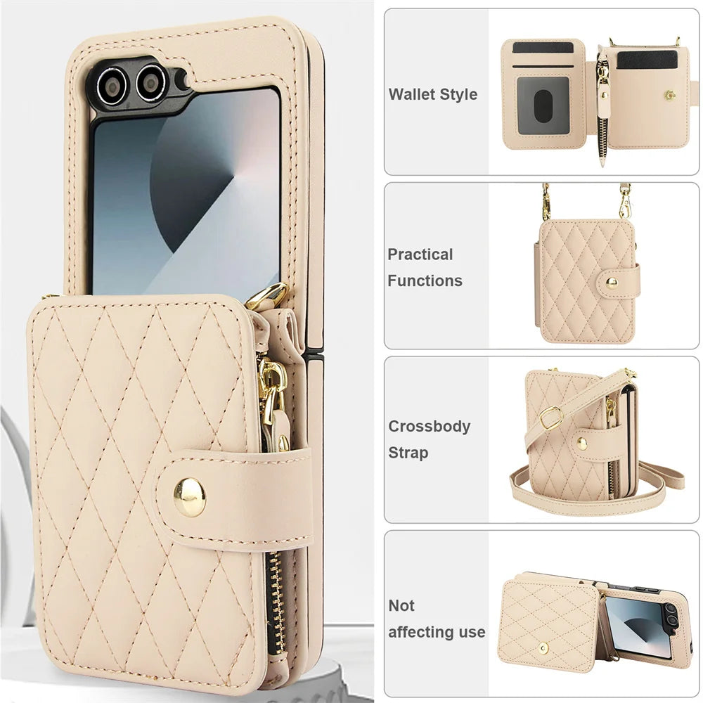 Premium Leather Crossbody Case with Card Holder & Wrist Strap for Samsung Galaxy Z Flip 6