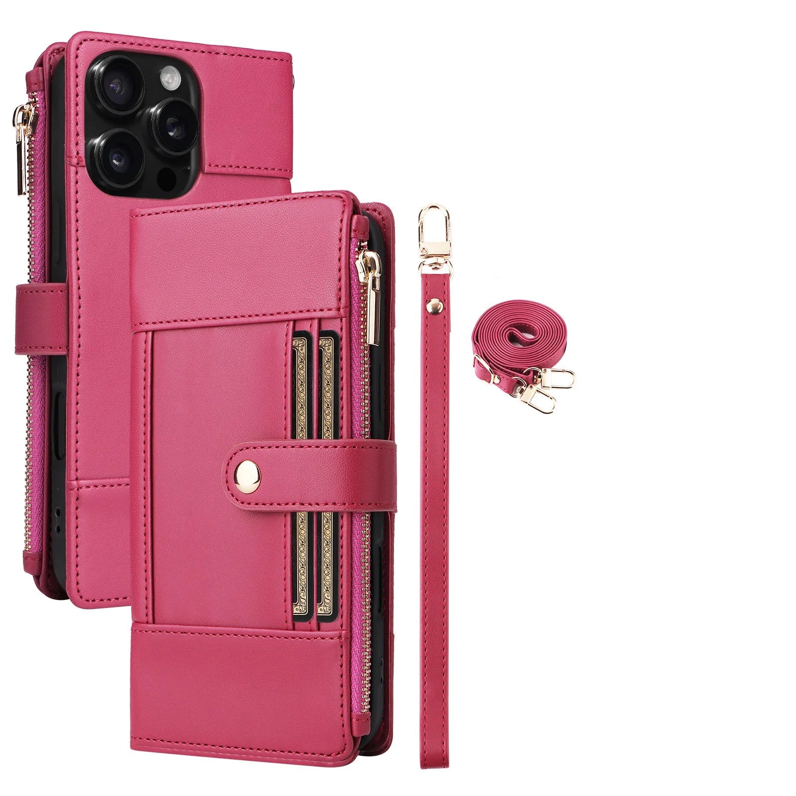 Crossbody Lanyard Wallet Case with Zipper & Card Holder for iPhone 16 Series