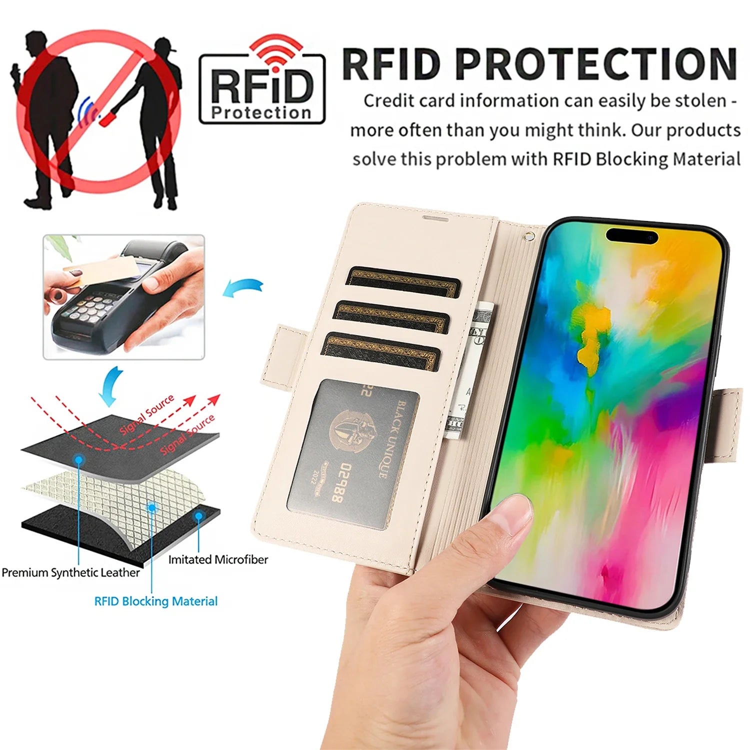 Premium Leather Kickstand Wallet Case with Card Holder for iPhone 15 Series