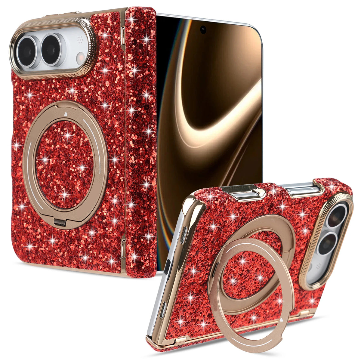 Glitter Rhinestone MagSafe Case with 360° Rotating Ring Stand for iPhone Duo