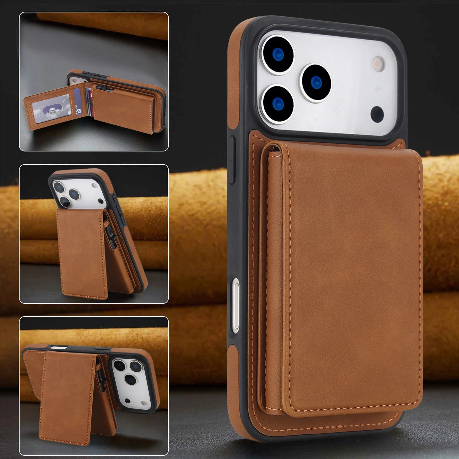 iPhone 17 Series Detachable Leather Wallet Case with Kickstand and RFID Protection