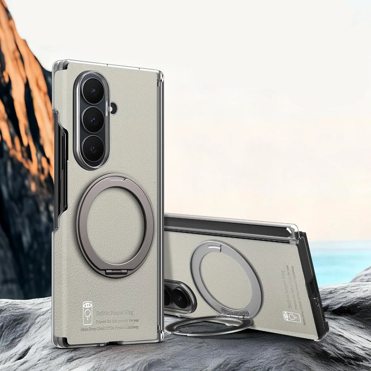 Textured Leather Shockproof Kickstand Case with 360° Rotating Ring for Samsung Galaxy Z Fold 7