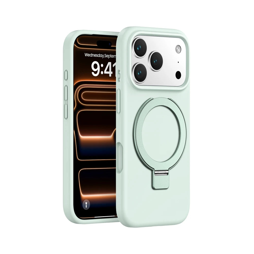 Matte Liquid Silicone Magnetic Case with Rotating Ring Holder for iPhone 17 Series