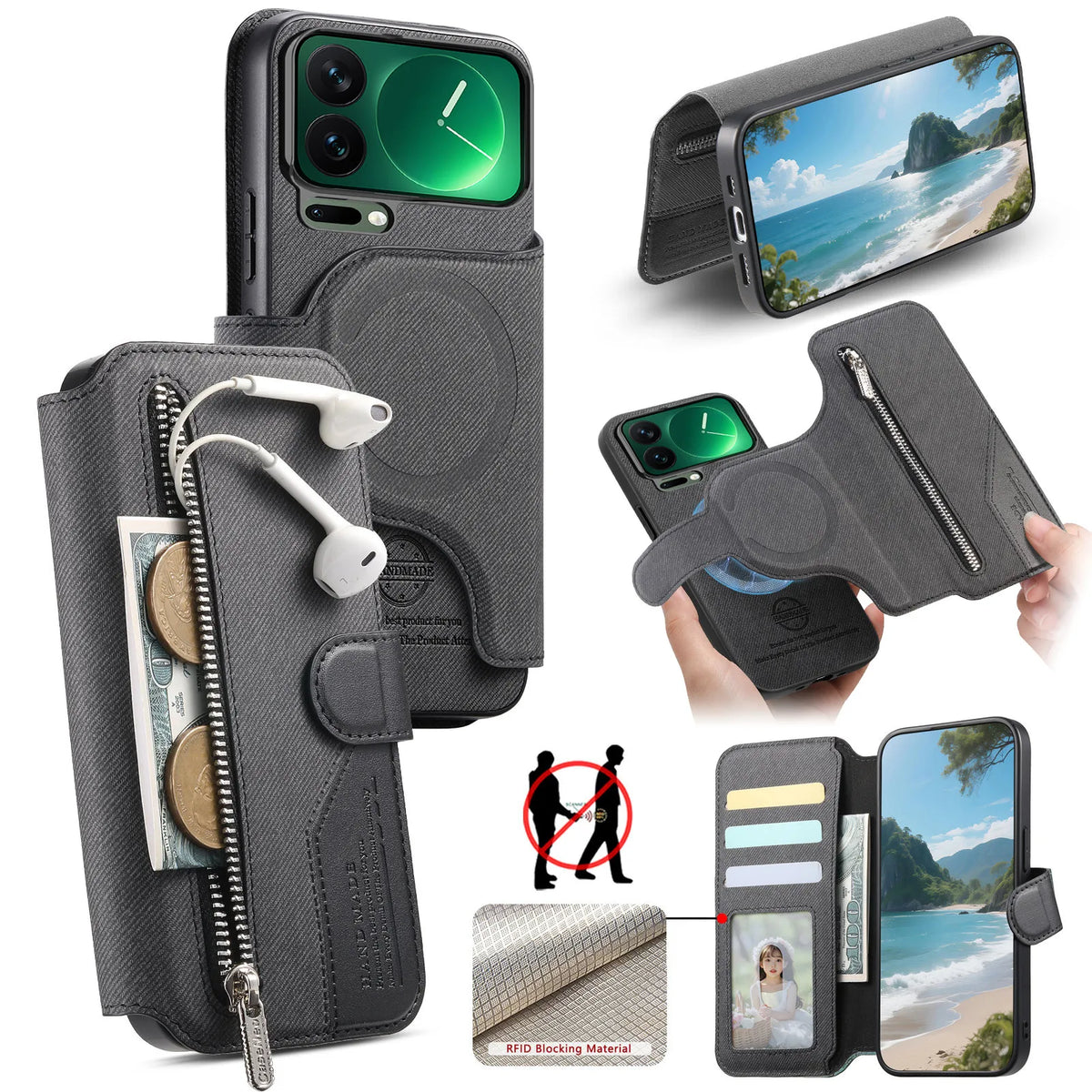Shockproof Leather Detachable Magnetic Wallet Case with RFID Blocking for Xiaomi 17 Pro Max