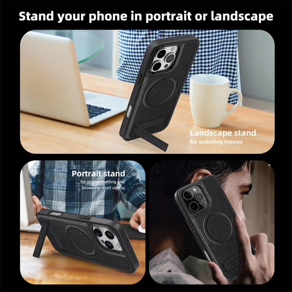 Stylish MagSafe Leather Case with Stand for iPhone 16 Series