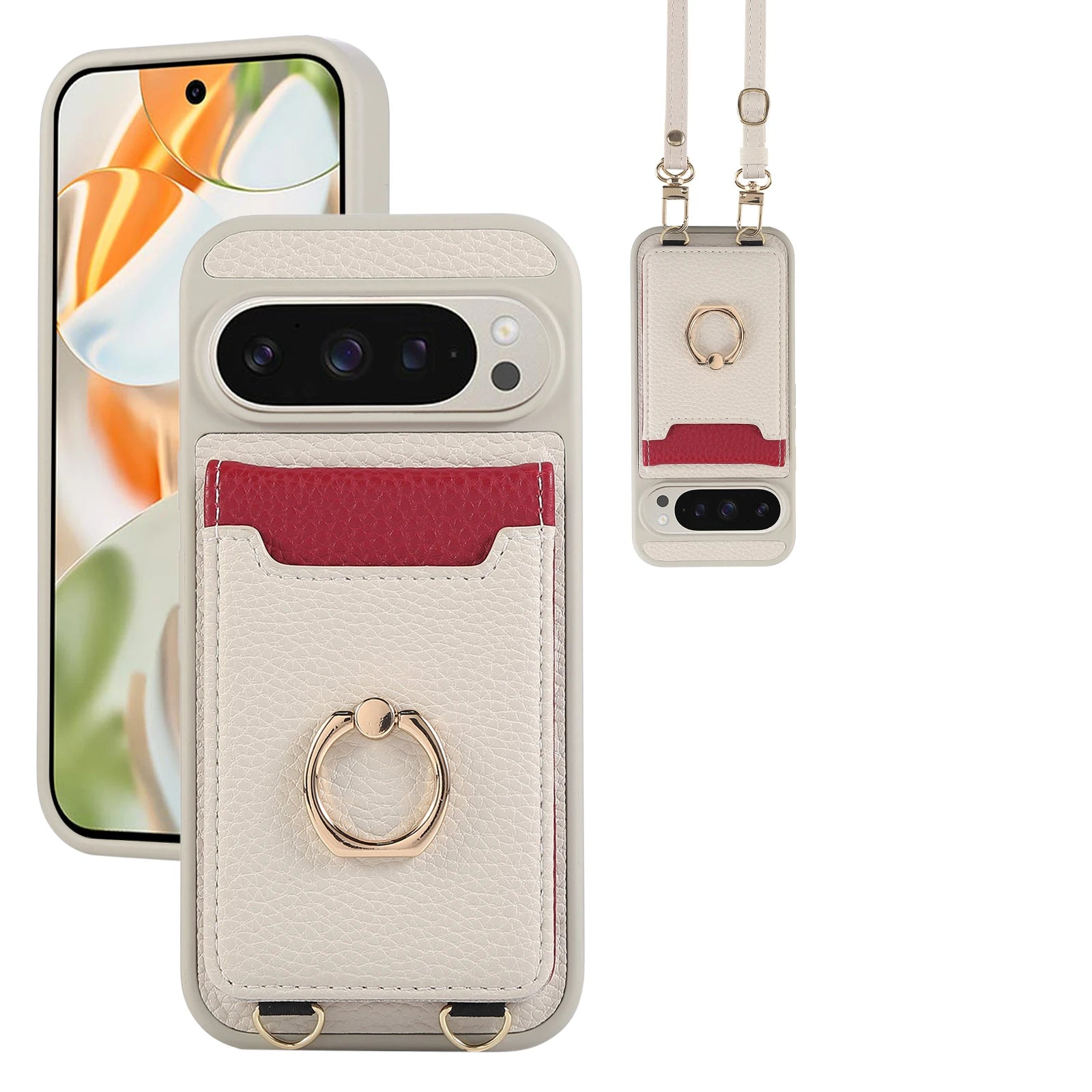 Lychee Grain Leather Lanyard Case with Card Holder and Ring for Google Pixel 9 Series