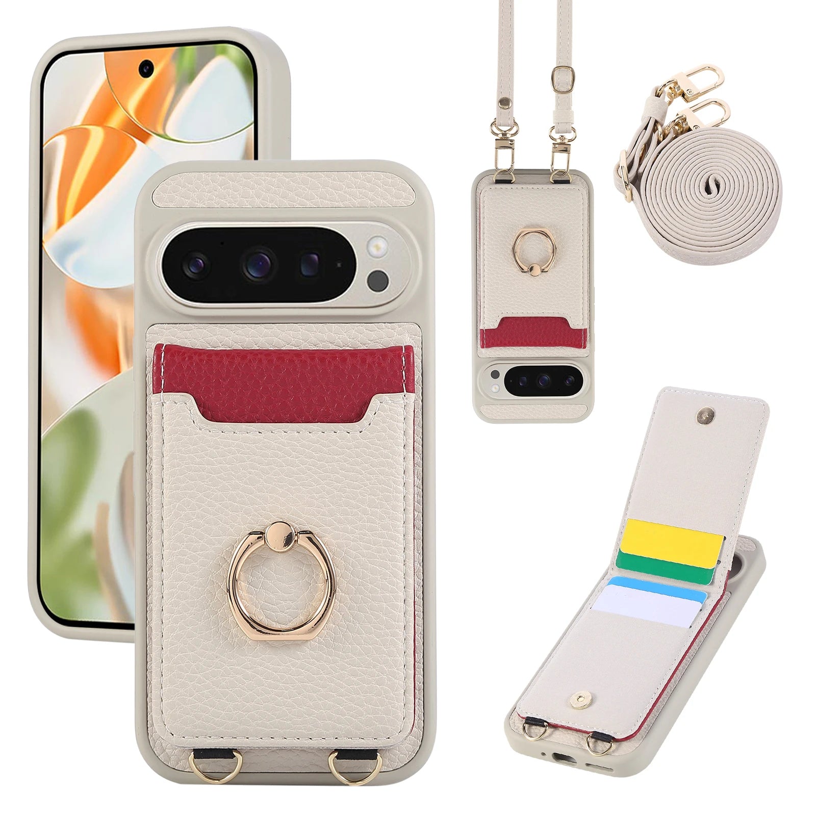 Lychee Grain Leather Crossbody Lanyard Case with Card Slot and Ring Holder for Google Pixel 10 Series