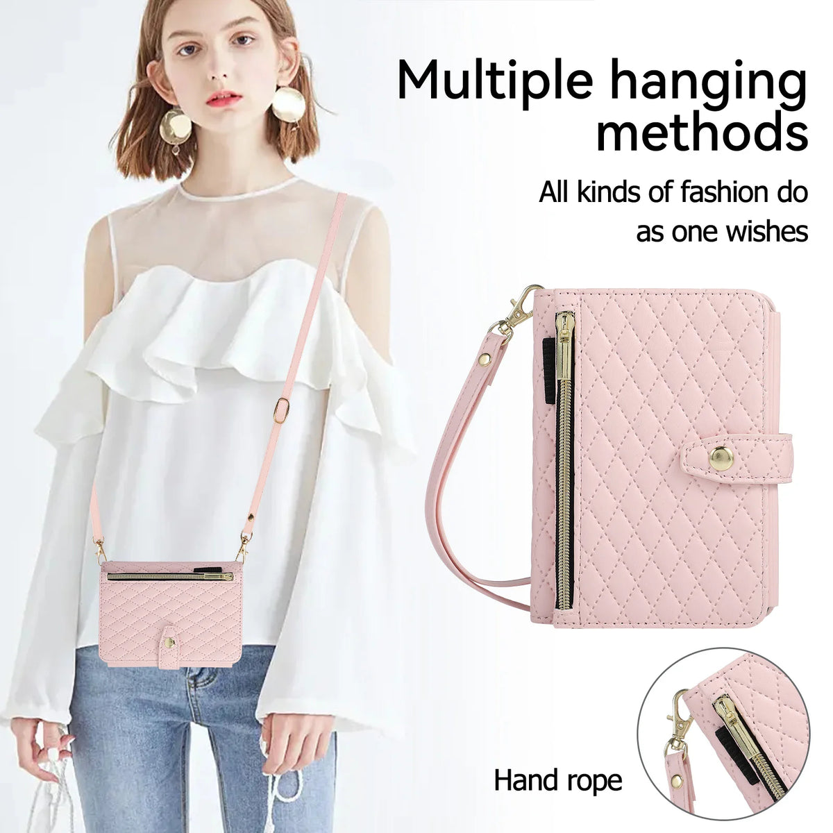 Quilted Leather Crossbody Lanyard Case with 9-Card Wallet for iPhone Duo