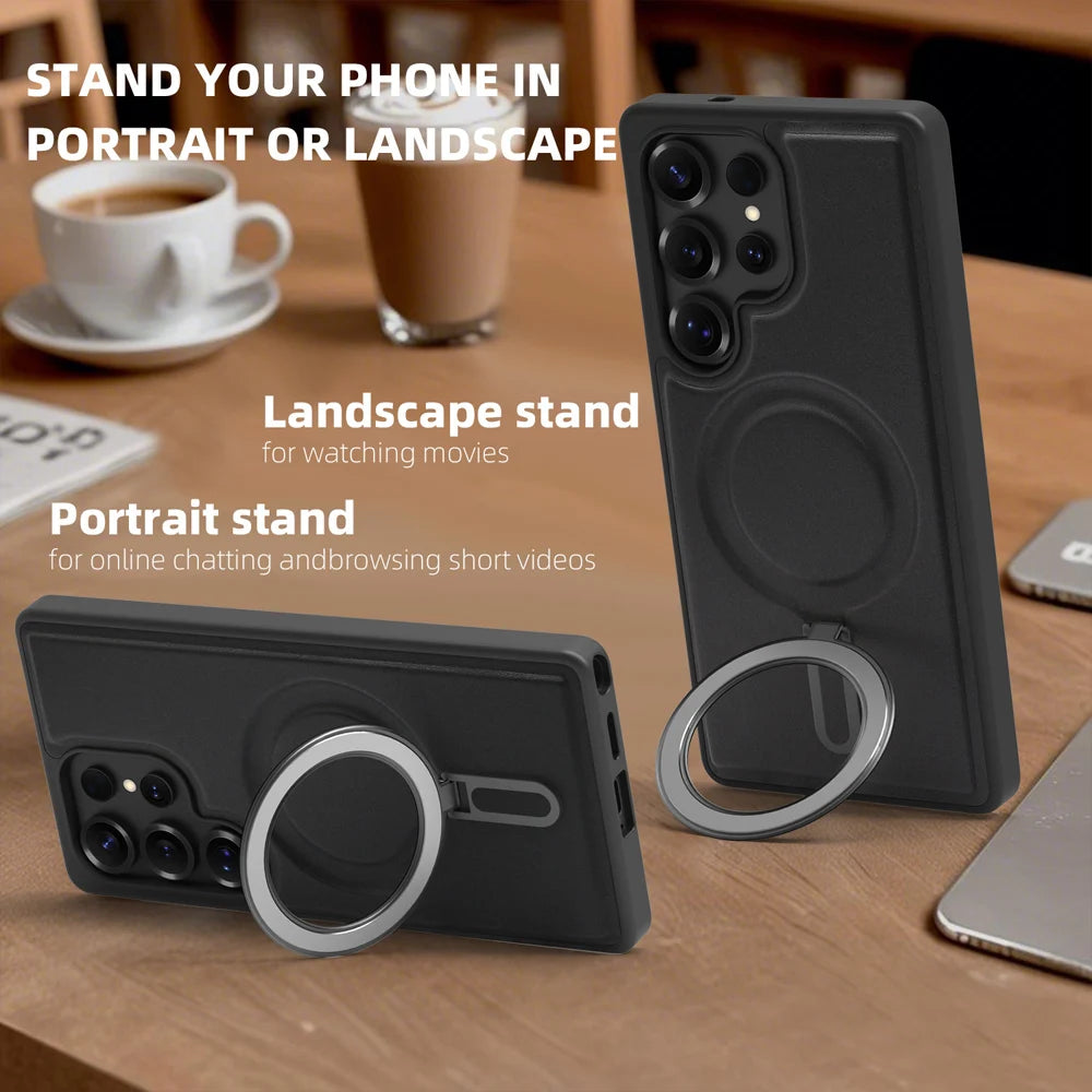 PU Leather & Silicone Ring Stand Magnetic Case for Samsung Galaxy S25 Series