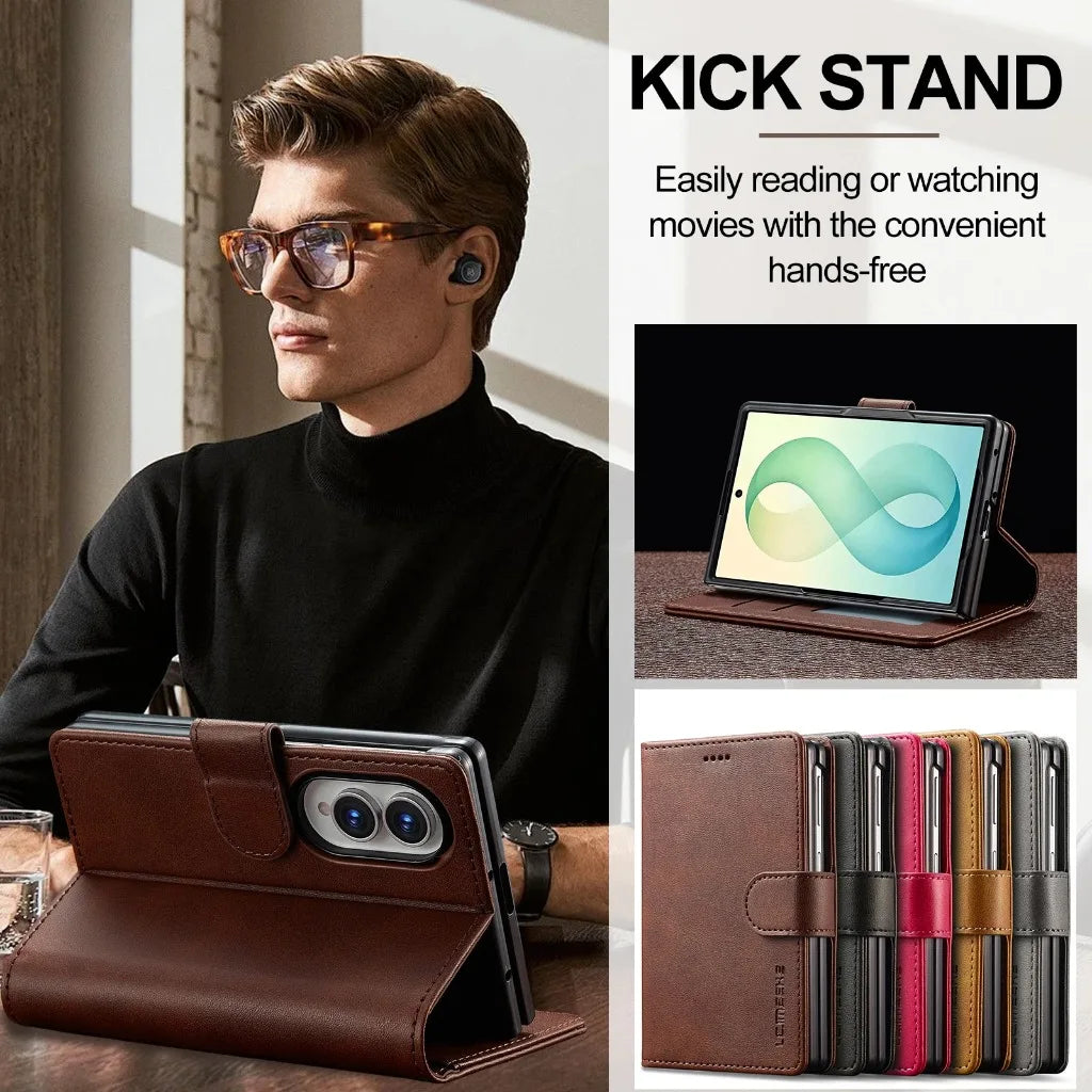 Hand-Stitched Leather Wallet Case with Kickstand for Samsung Galaxy Z Fold 8