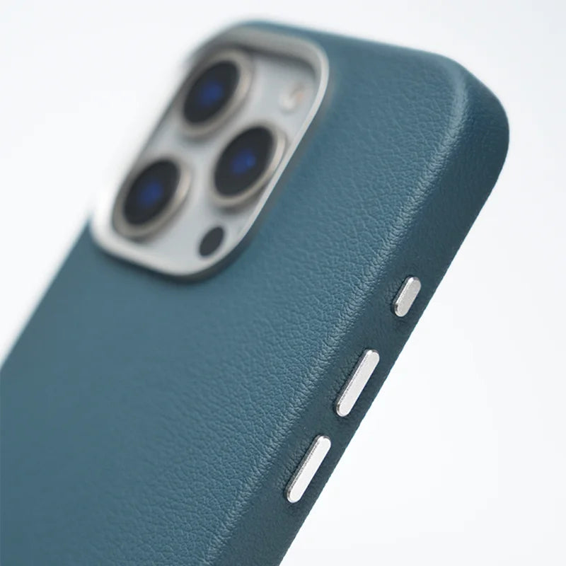 Premium Magnetic Vegan Leather Full Cover Case with Aluminum Alloy Camera Button Bezel for iPhone 16 Series