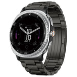 Black smartwatch with metal band on a white background
