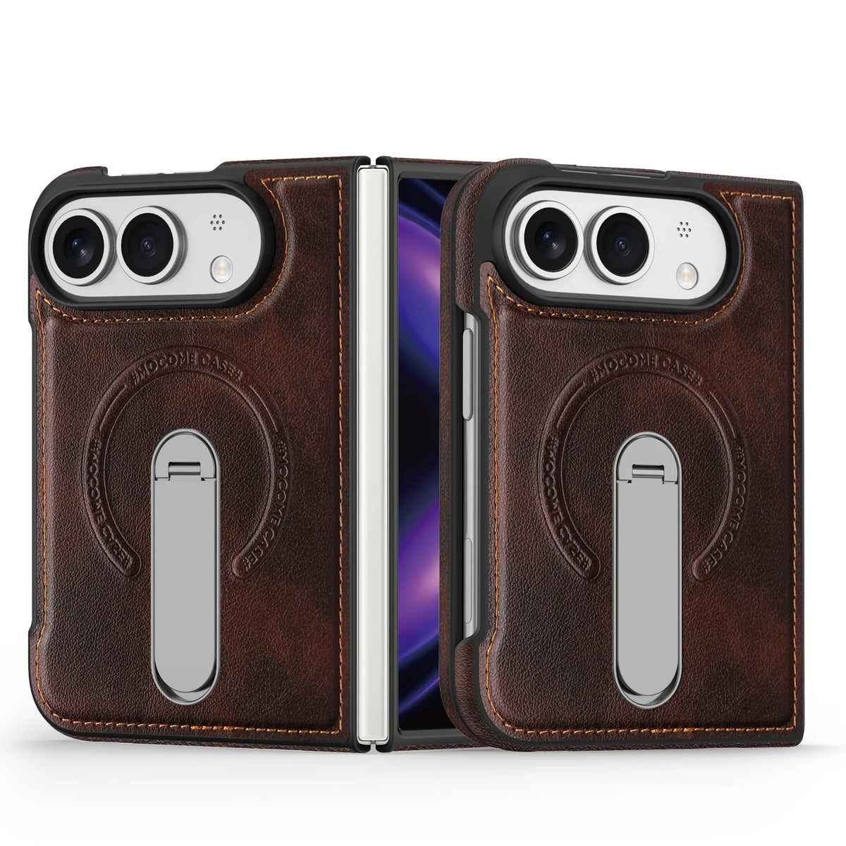 Faux Leather MagSafe Kickstand Case with 360° Rotating Stand for iPhone Duo