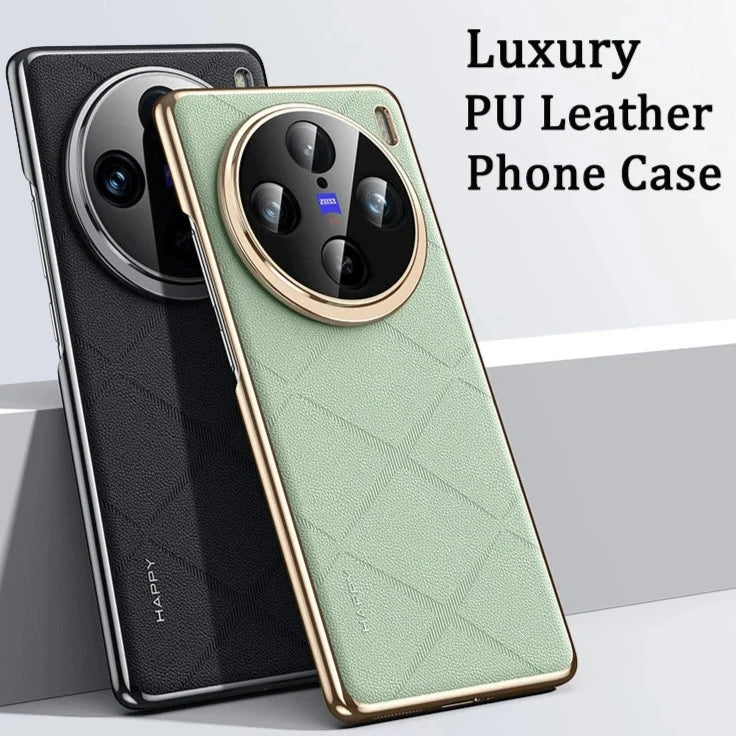 Grid Pattern PU Leather Case with Plating PC Camera Lens Protection for VIVO X100 Pro