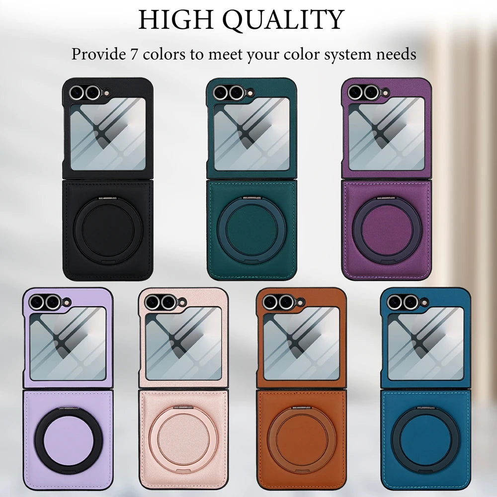 Protective Leather Magnetic Case with Ring Bracket & Glass Film for Samsung Galaxy Z Flip 6