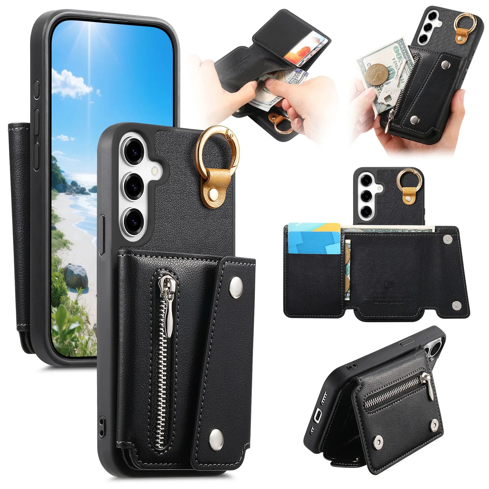Zipper Wallet Leather Case with Ring Holder for Samsung Galaxy A56