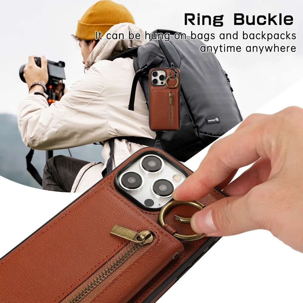 Crossbody Zipper Wallet Phone Case with Ring and Card Holder for iPhone 16 Series