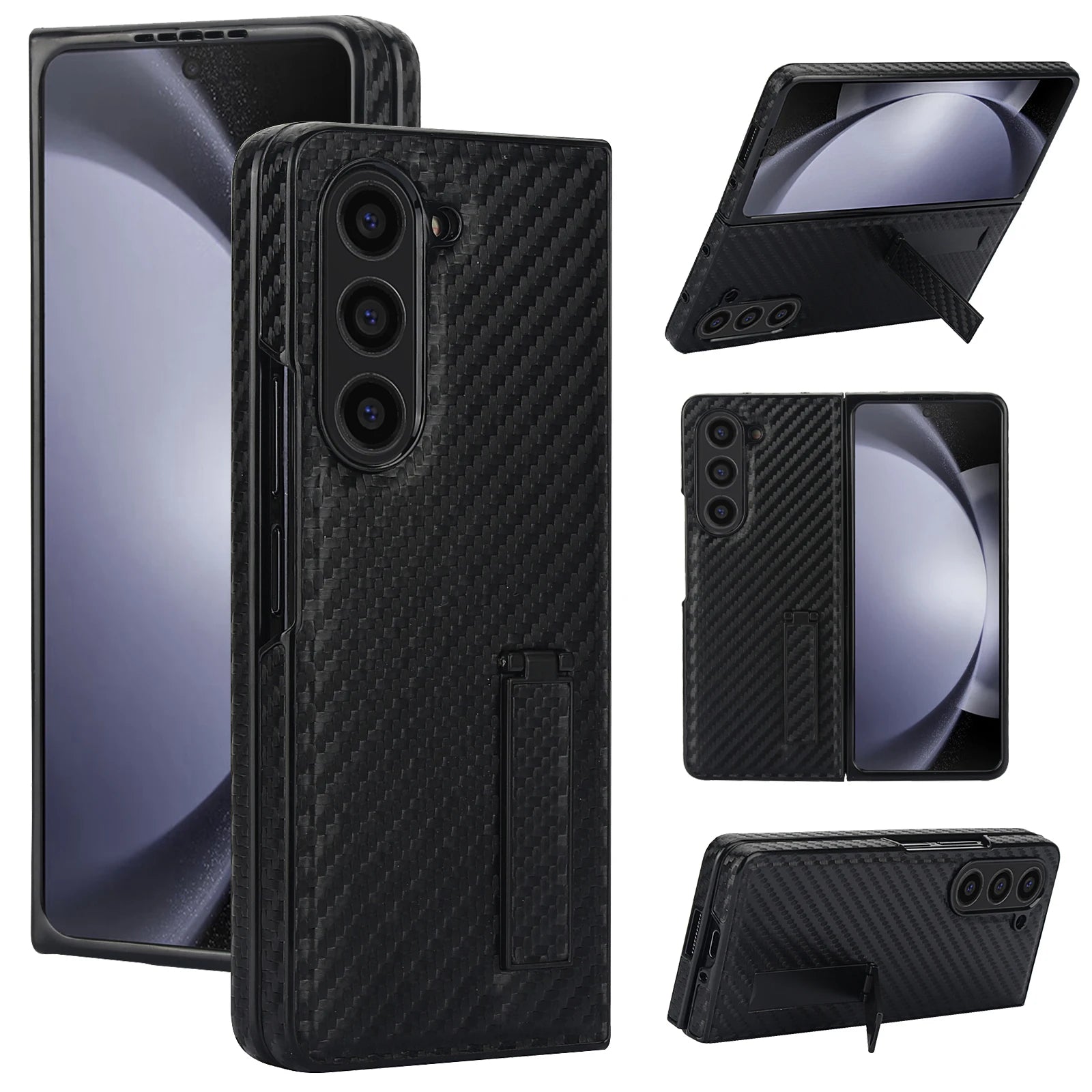 Carbon Fiber Pattern Leather Case with Kickstand Holder for Samsung Galaxy Z Fold 5