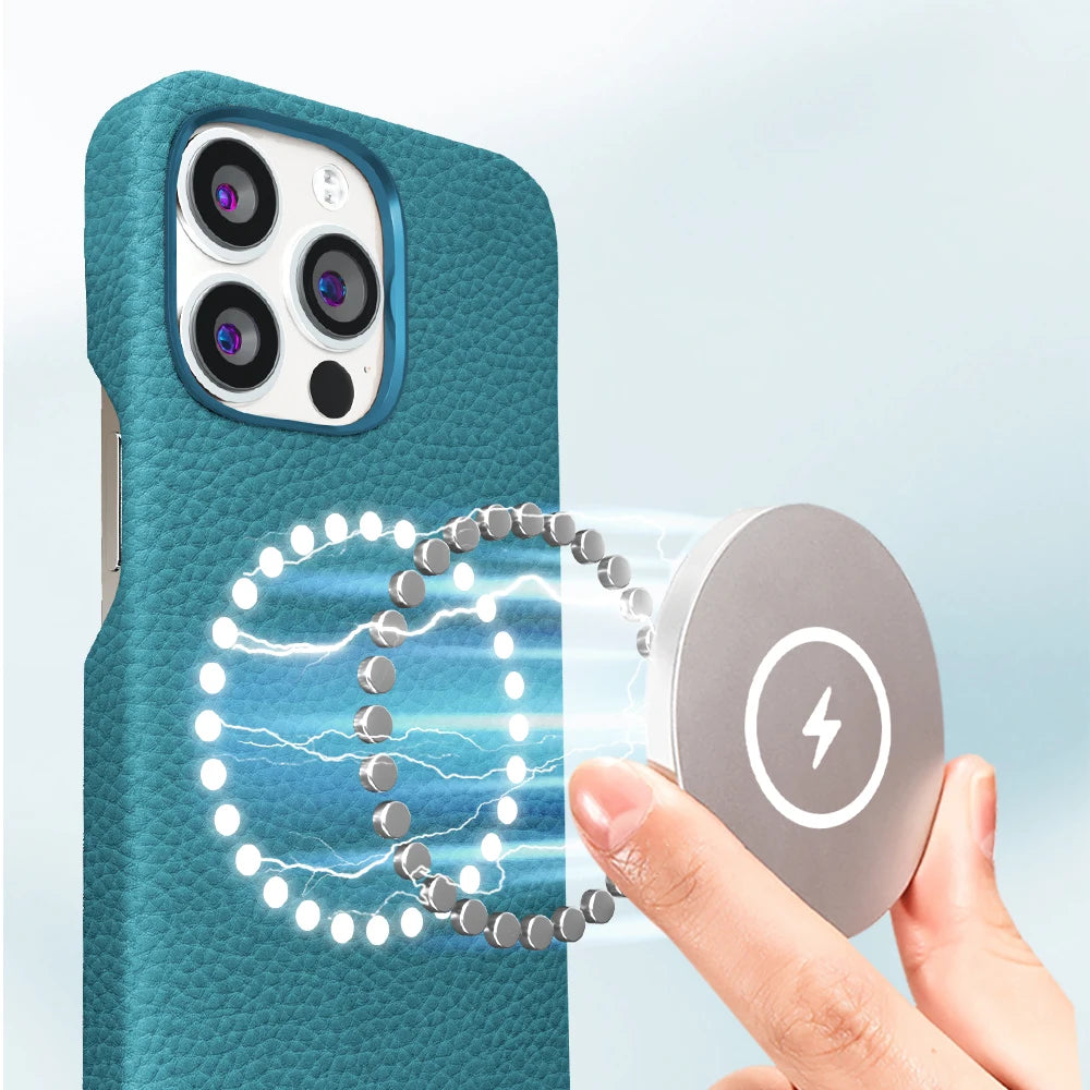 Natural Cowhide Lychee Leather MagSafe Case for iPhone 13 Series