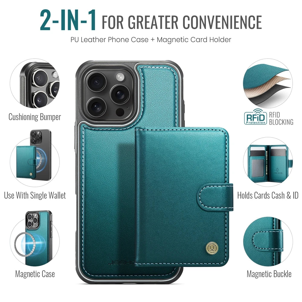 2-in-1 Leather MagSafe Wallet Case with Card Holder for iPhone 15 Series