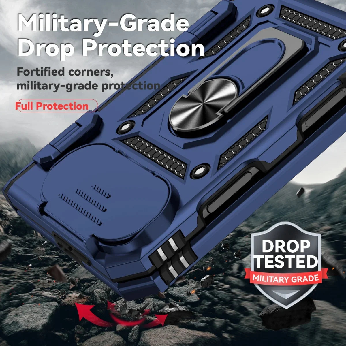 Military-Grade Case with Flip Camera Cover and Rotating Ring Stand for iPhone Duo