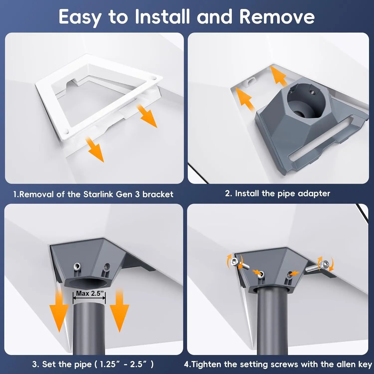 Adjustable 360° Starlink Gen 3 Bracket with Integrated Pipe Adapter Base