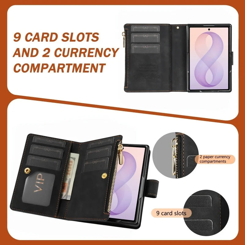 Embossed Leather 9-Card Wallet Case with Detachable Wrist Strap for Samsung Galaxy Z Fold 8