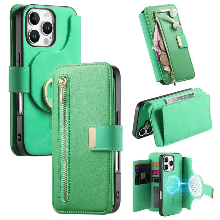 Leather Zipper Wallet Case with Detachable Magnetic Wallet for iPhone 16 Series