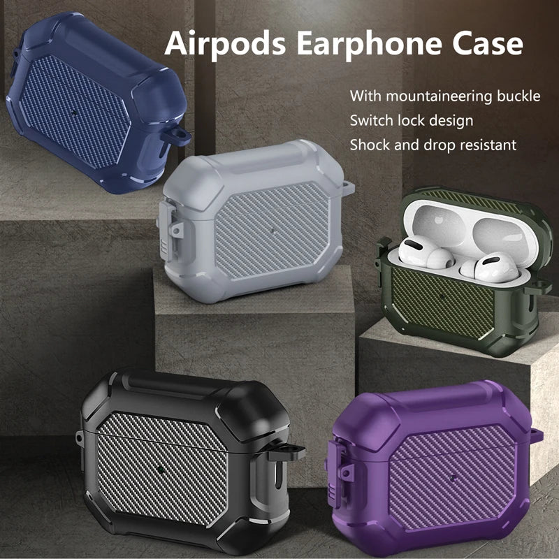 Carbon Fiber Shockproof Case with Side Switch & Hook for AirPods Pro