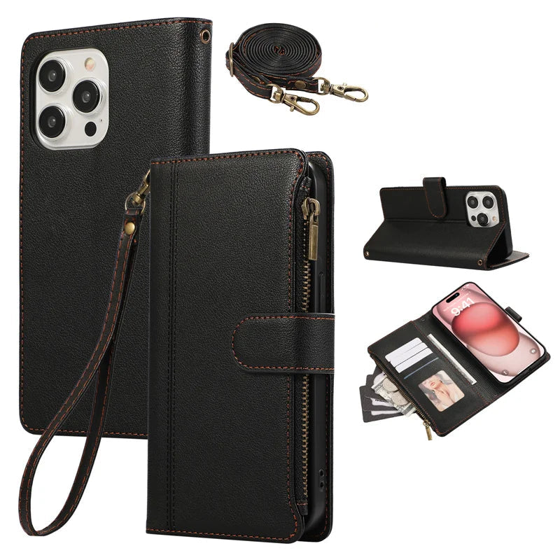 Leather Crossbody Wallet Case with Card Holder & Wrist Strap for iPhone 15 Series
