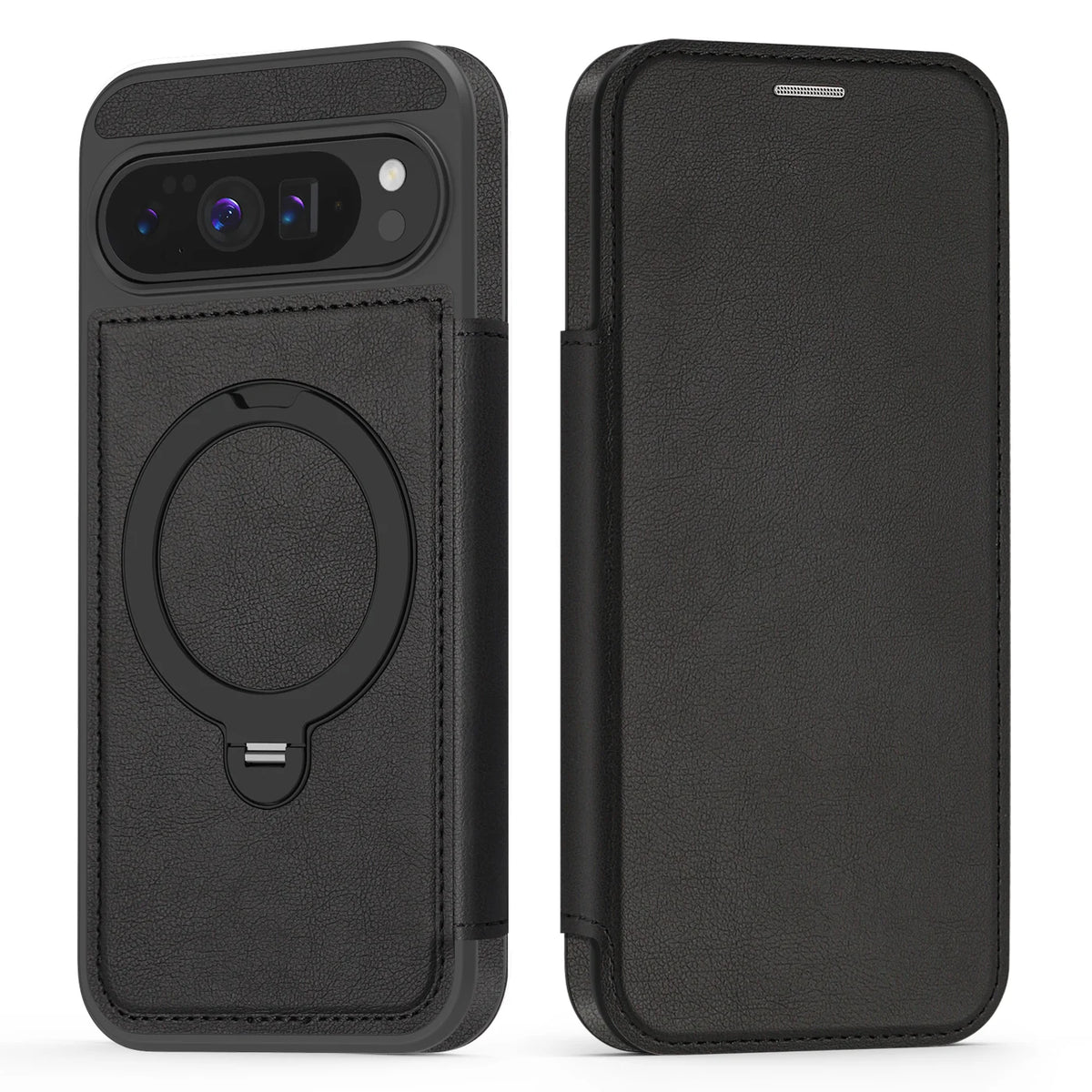 Google Pixel 10 Series Magnetic Leather Flip Case With Card Slot and Ring Holder