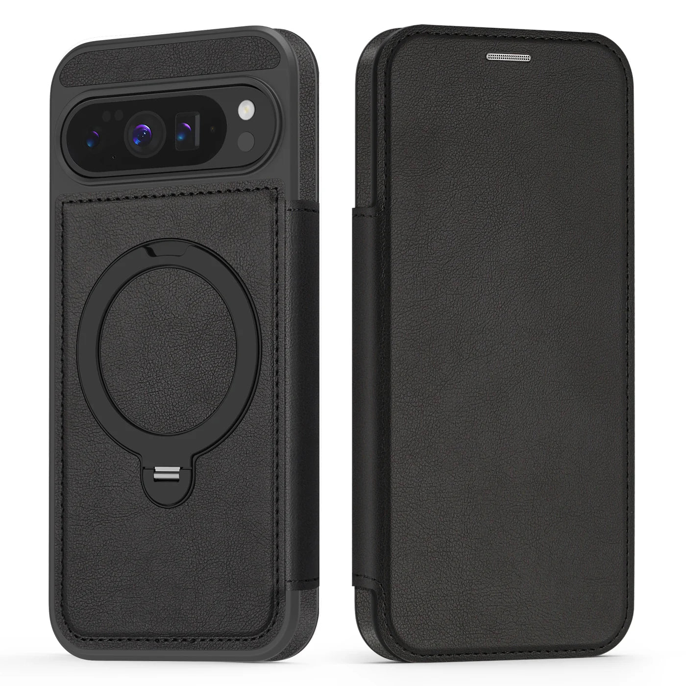 Google Pixel 9 Series Leather Flip Case with Card Slot and Magnetic Ring Holder