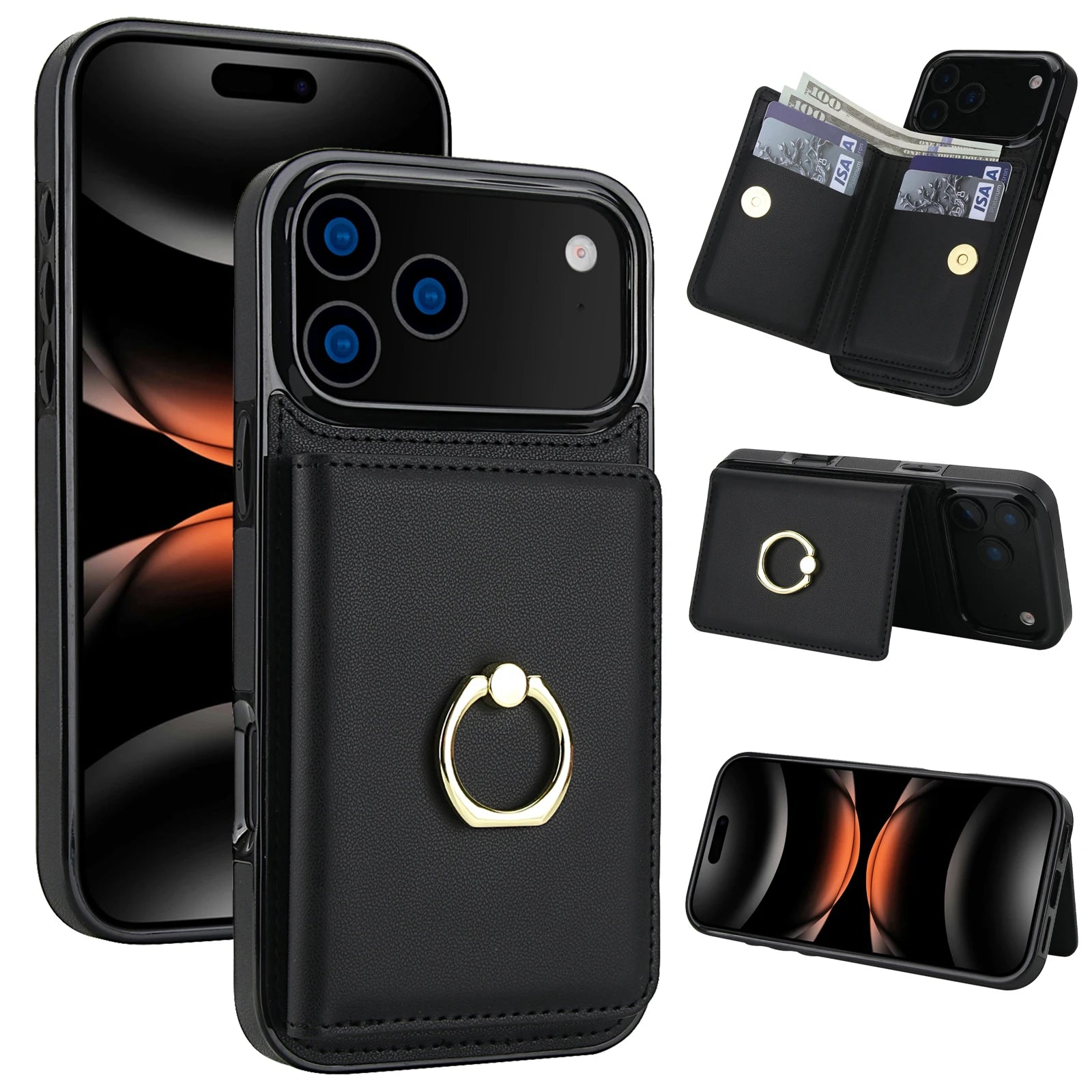 iPhone 17 Series Leather Case with Card Holder and Kickstand