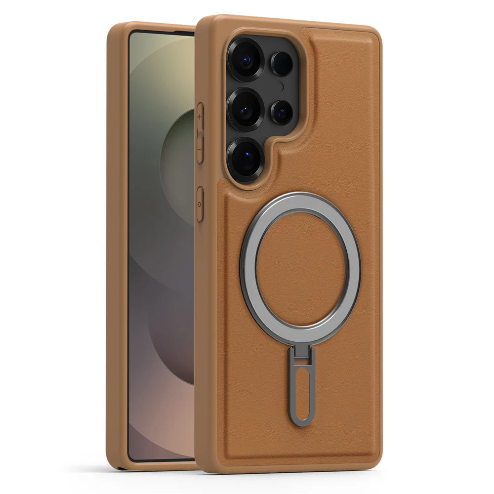 PU Leather & Silicone Ring Stand Magnetic Case for Samsung Galaxy S25 Series