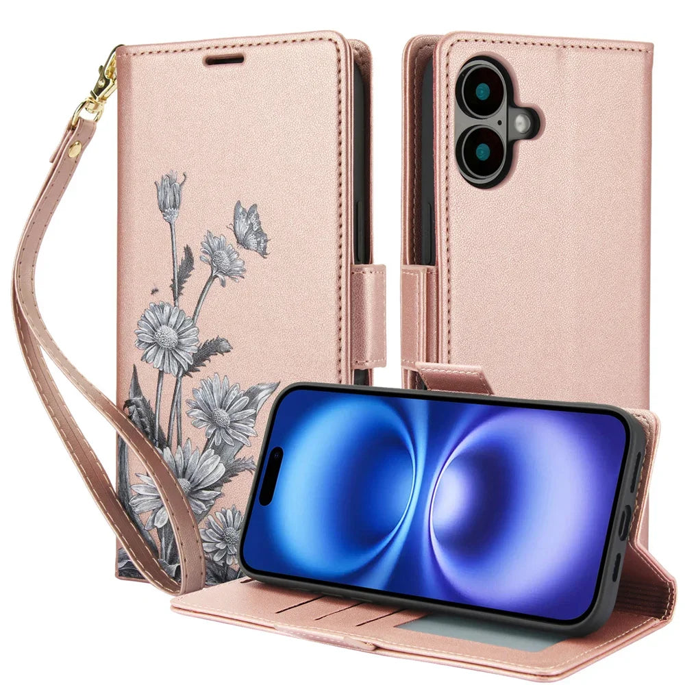 Premium Leather Flip Case with Card Slots & Wrist Strap for iPhone 16 Series