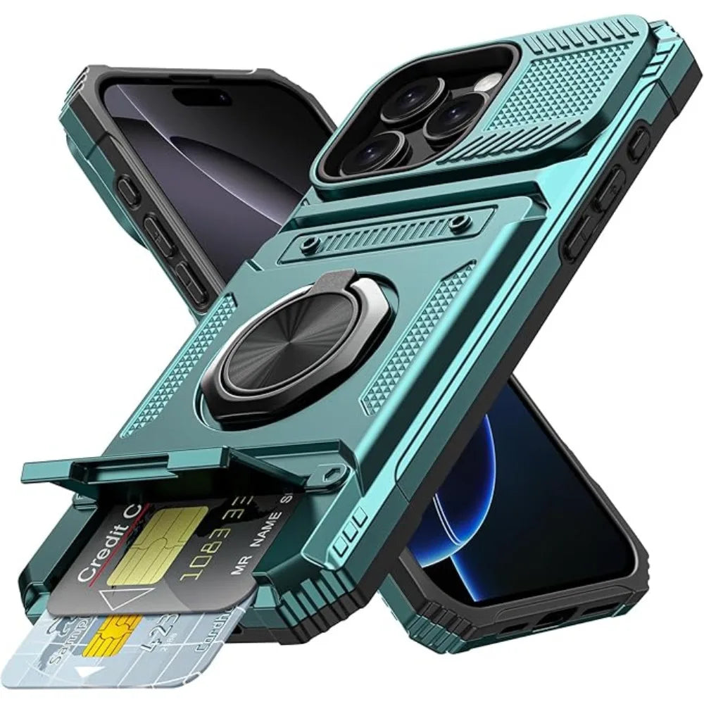 iPhone 15 Series Shockproof Heavy Duty Magnetic Case with Ring & Card Slot